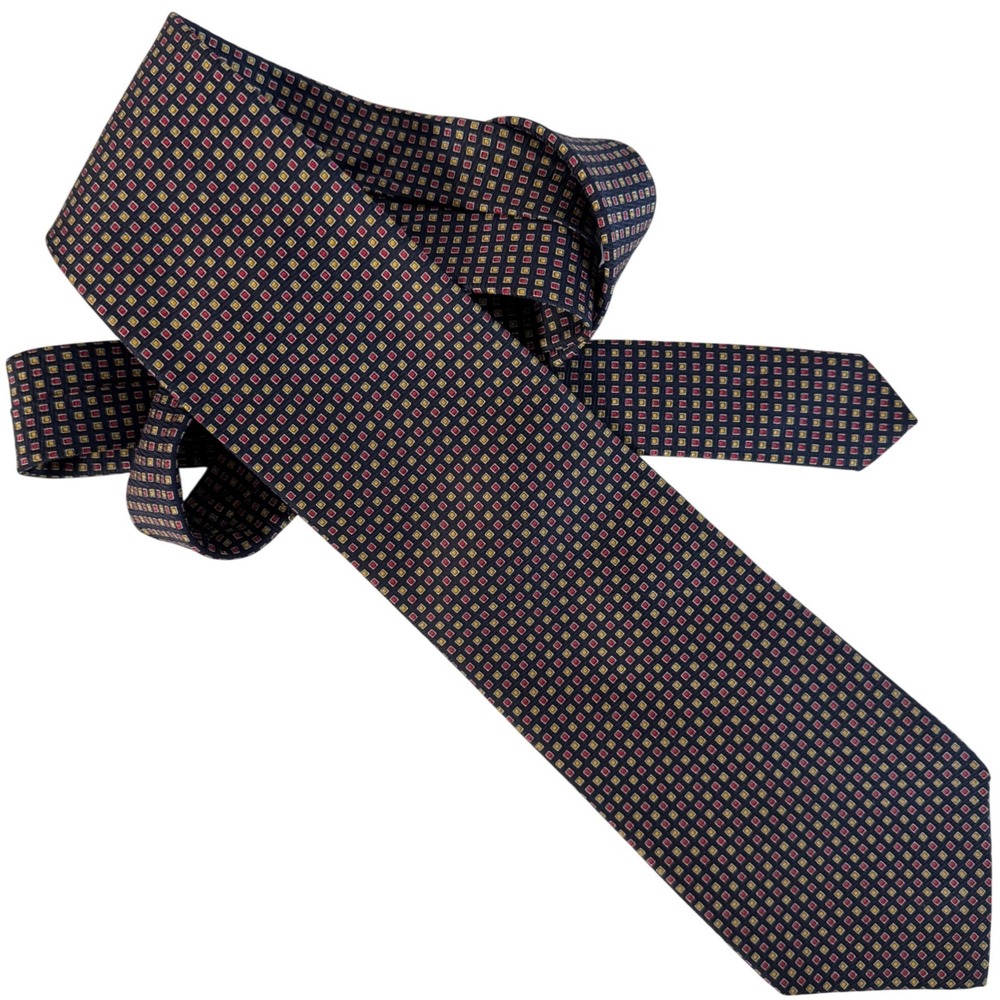 Brooks Brothers Makers Silk Tie Navy Blue Red Yellow Geometric Ivy USA 58x3.75
